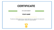 Certificate PowerPoint slide with a title, blank space for a name, and decorative borders in green, orange, and blue.