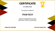 Certificate template with bold text, a gold medal icon, and geometric designs in red, black, and gold.