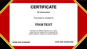 Certificate template with bold red and gold borders, displaying space for recipient's name and signature for recognition.