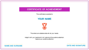 Certificate achievement slide with a purple header and pink border, featuring placeholders for recipient name and signature.