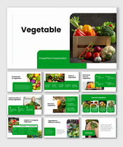 Vegetable Presentation slides with fresh veggies, green theme, charts, cultural food images, text holders.