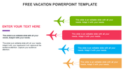 Four colorful airplane icons in green, red, blue, and orange with matching horizontal rectangular text boxes.