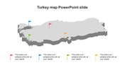 Turkey map slide design featuring colored flags on a gray map and placeholder text areas for annotations below.