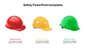Safety slide with three colored helmets red, yellow, and green each above a matching text placeholder and caption area.