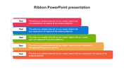 Ribbon style step layout with five colored banners arranged diagonally, each with editable text and white tag labels.