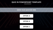 Quiz slide with a question section and three options labeled A, B, and C, set on a dark background with arrow patterns.