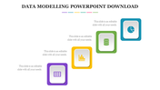 Data modelling slide with four colorful square icons in a rising step layout, each with charts, symbols and text boxes. 