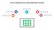 Data modeling PowerPoint slide featuring a central table with icons for data, file management, charts, and documents.
