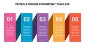 PowerPoint template with five vertical, colorful ribbon shaped sections numbered 1 to 5, each with text placeholders.
