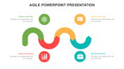 Agile PowerPoint slide with colorful curved arrows and icons representing various stages with placeholder text.
