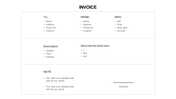 Invoice template in simple layout with sections from to and Signature with  each section holding a caption areas.