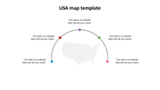 USA map slide with a light grey map at center and six color-coded dots on a curved line, each with editable text beside it.