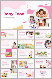 Baby food cover slides showcasing a child enjoying baby food with colorful designs and playful graphics on a pink theme.