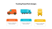 Colorful trucking design slide showcasing three different vehicles with placeholder text sections on a white backdrop.