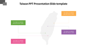 Taiwan map in grey with four colored text boxes in green, orange, purple, and pink, each connected by thin lines.