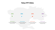 Tokyo map in gray with four colored percentage pie charts in green, blue, red, and purple, each with captions below.