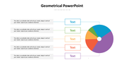 Horizontal layout with five text boxes in blue, green, orange, red, and purple linked to a pie chart on the right.