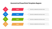 Geometrical PowerPoint template diagram with colorful icons and text placeholders for each step on a white backdrop.