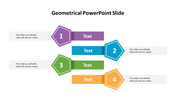 Geometric slide design with pentagon and hexagon shapes marking each of four colored text segments.