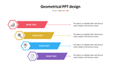 Horizontal geometric banner design with four rows, each in a different color and ending in an arrow with a matching icon.