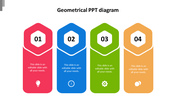 Four geometric icons in colored hexagons with numbered labels, arranged horizontally in red, blue, green, and yellow.
