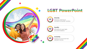 LGBT slide featuring two people smiling under a rainbow flag, with sections on diversity, equality, and inclusivity.