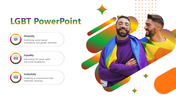 Colorful slide with LGBT themes, showing three numbered highlights and a cheerful image celebrating diversity and equality.