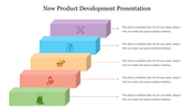 Isometric layered blocks in gradient colors representing steps of product development, each marked with a retail.