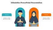Two illustrated figures in traditional attire in blue and orange backgrounds with text boxes on both sides.