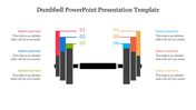 Dumbbell illustration with six colored labels pointing to weight sections, three on each side, and matching text boxes.