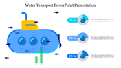 Colorful water transport slide featuring a submarine illustration and progress indicators with placeholder text.
