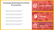Marketing campaign PowerPoint template with sections for the target audience, strategy, and objectives with icons and images.