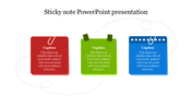 Three sticky notes in red, green, and blue, arranged horizontally with captions inside, connected by a dotted line.