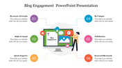 A colorful slide on blog engagement featuring a central computer screen and key strategies with icons and placeholder text.