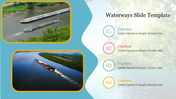 Two images of ships navigating waterways, with captions and colorful circles representing different sections.