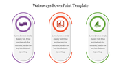 Three vertically aligned water themed icons in circular frames, accented with curved lines in purple, orange, and green.
