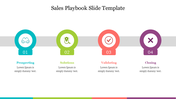 Four numbered circular icons in teal, green, red, and purple on a grey bar, representing stages of a sales process.