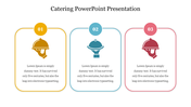 Catering-themed presentation slide with three colorful boxes, each showing a food cloche icon and numbered boxes.