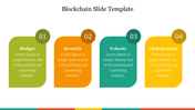 Blockchain slide with green, orange, teal, and yellow blocks, each containing a title, placeholder text, and a number tag.