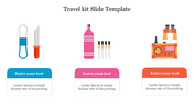 Travel kit themed slide featuring three sets of illustrated items in blue, pink, and orange, with matching text box below.