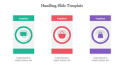 Slide showcasing three handbag icons in teal, red, and purple with matching captions and description areas below.