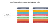 Brand revitalization case study slide showing strategies from increasing usage to entering new markets with placeholder text.