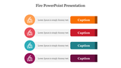 Fire PowerPoint presentation slide with colorful icons representing fire and four caption areas.