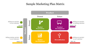 Colorful marketing plan matrix showing risk levels for different strategies with text description and icons on a white theme.