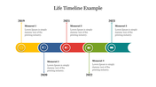 Horizontal timeline slide with key moments represented by colored circles for five years with text captions.