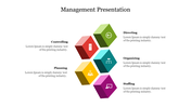 Six colorful 3D cubes representing management functions Controlling, Planning, Directing, Organizing, and Staffing.