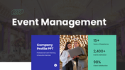 Event management company profile PPT with modern design, team visuals, service details, and clean layouts for business PPT.