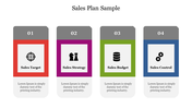 Rectangular layout with four sections in red, purple, green, and blue, each containing icons and text in boxes.