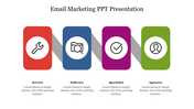 Email marketing template showing four key elements each represented with an icon and a color-coded box.
