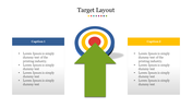 Target layout slide with a large green arrow pointing at a bullseye, flanked by two text boxes labeled captions.